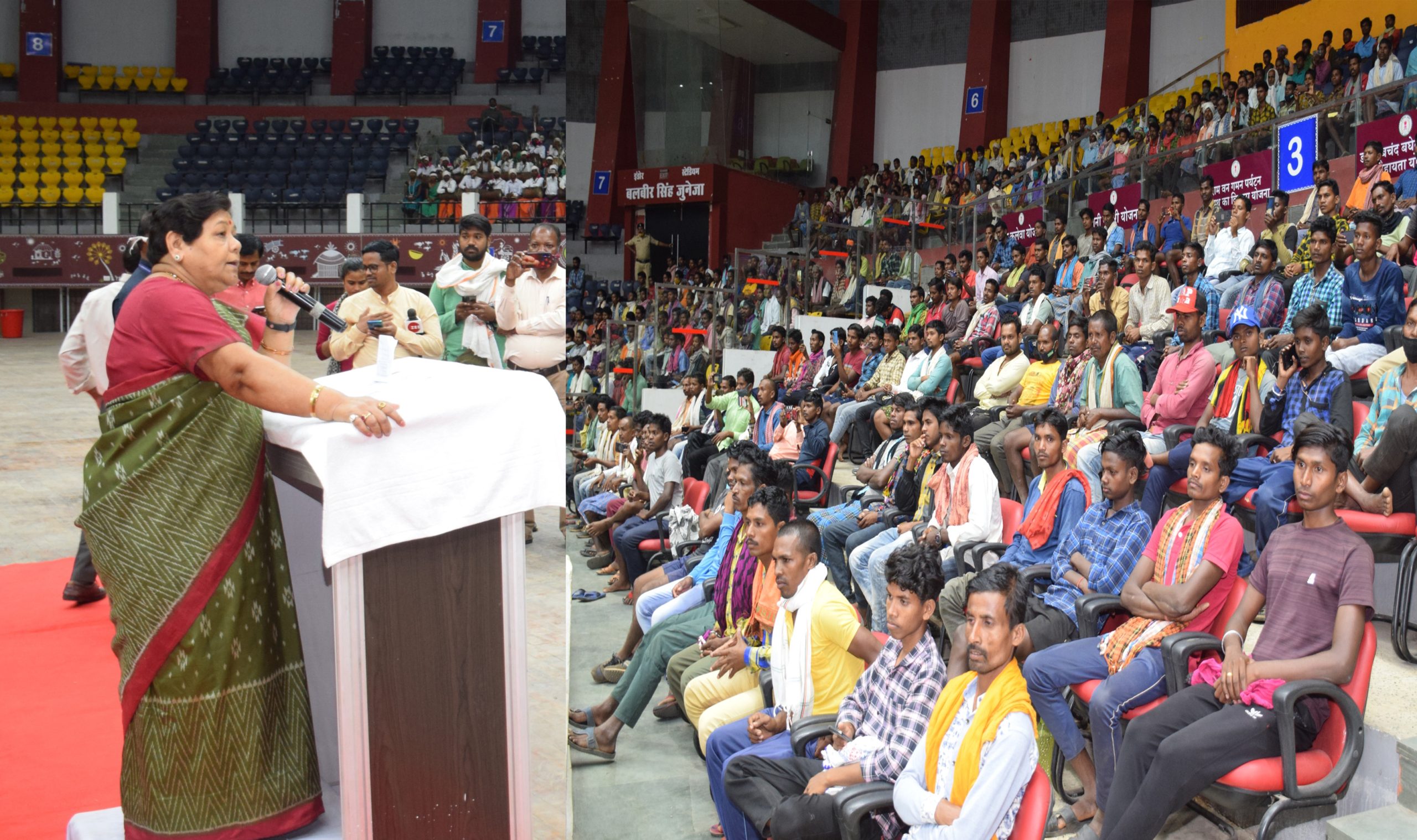 Photo of जनजातीय पदयात्रियों के समूह से मिलने पहुंची राज्यपाल इंडोर स्टेडियम