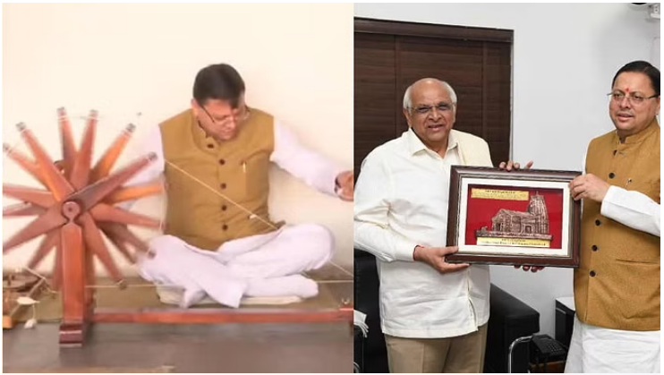 Photo of गुजरात में CM भूपेंद्र पटेल से मिले CM धामी, साबरमती आश्रम में चलाया चरखा