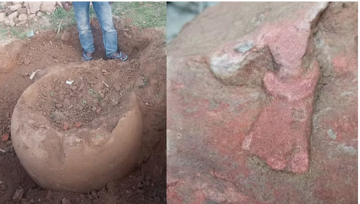 Photo of बरेली: पचौमी गांव में खोदाई के दौरान निकले मूर्ति के अवशेष और विशाल घड़ा