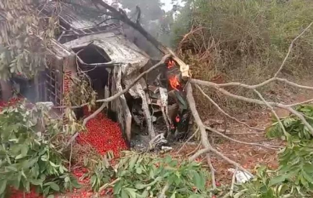 Photo of ओडिसा से सब्जी लेकर आ रही पिकअप पलटी, लगी आग