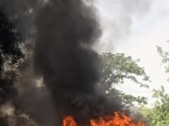प्रयागराज-अयोध्या हाईवे पर चलती बस बनी आग का गोला, मची अफरा-तफरी
