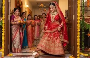 शादी के बाद दूल्हे के घर में प्रवेश से पहले दुल्हन चावल से भरा कलश क्यों गिराती है?